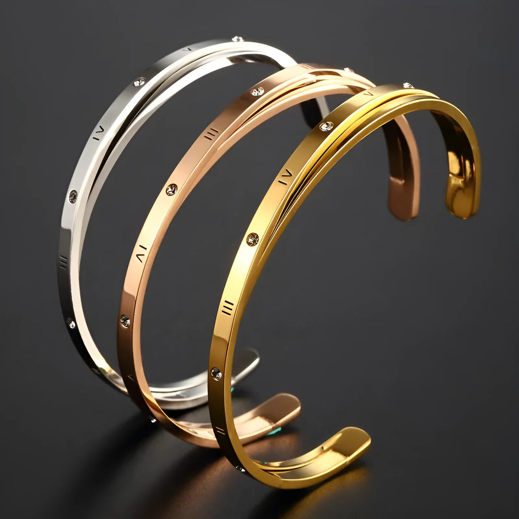Women's stainless steel open-ended bracelet with zircon detailing in rose gold electroplated finish
