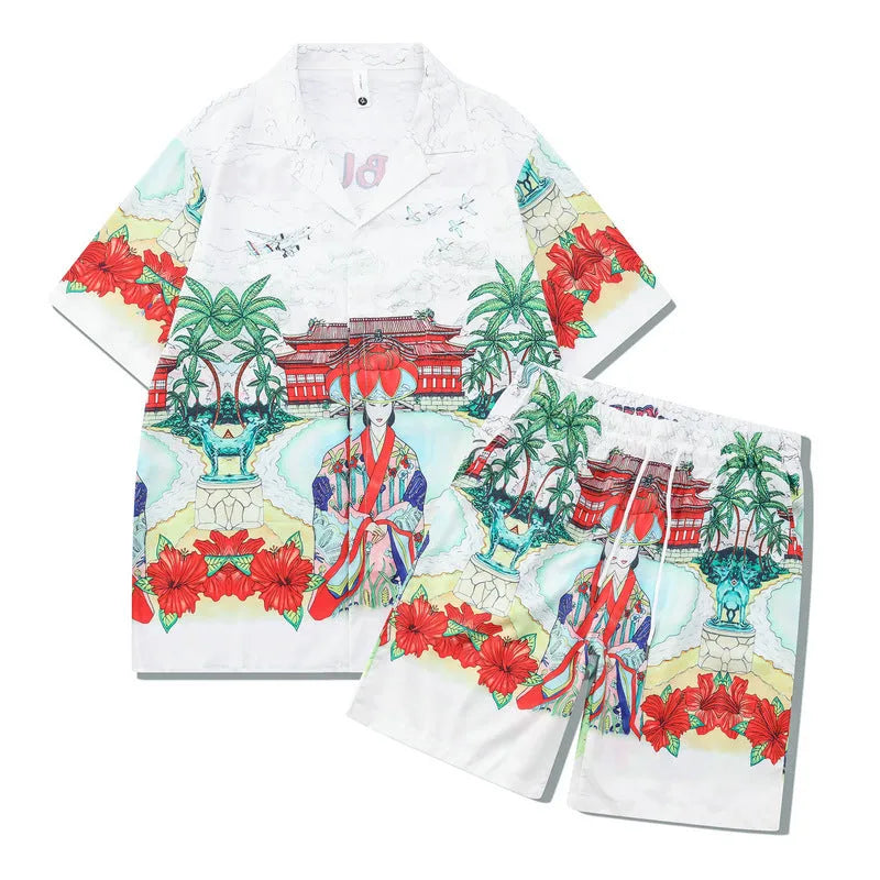 Plaid printed short sleeve shirt and trousers beach outfit set on a mannequin