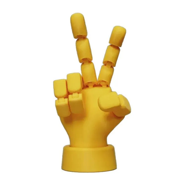 Yellow movable joint hand prop ornament with American style detailing on white background