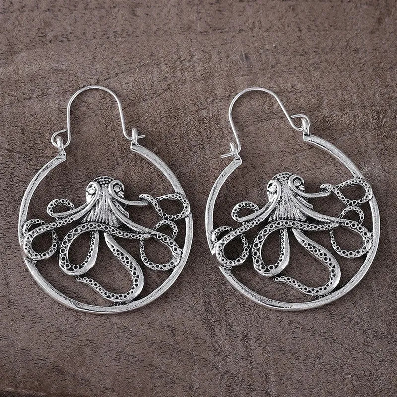 Vintage octopus earrings antique silver colour retro animal modelling zinc alloy electroplated