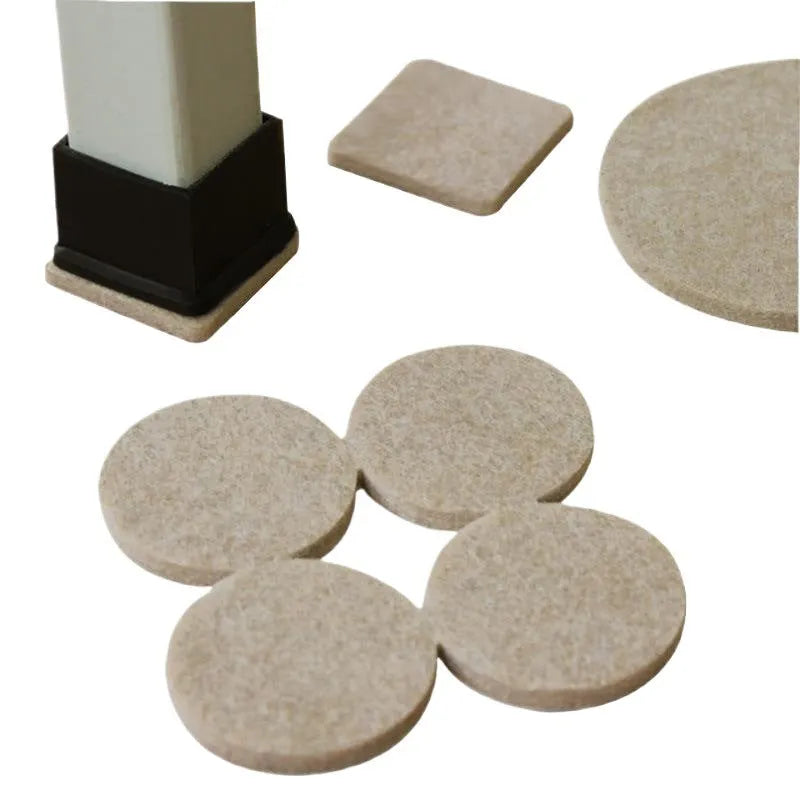 Beige plastic furniture leg protectors showing round and square shapes in five different sizes with non-slip adhesive backing