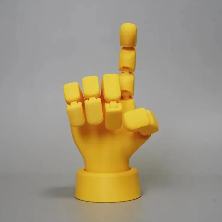 Yellow movable joint hand prop ornament with American style detailing on white background