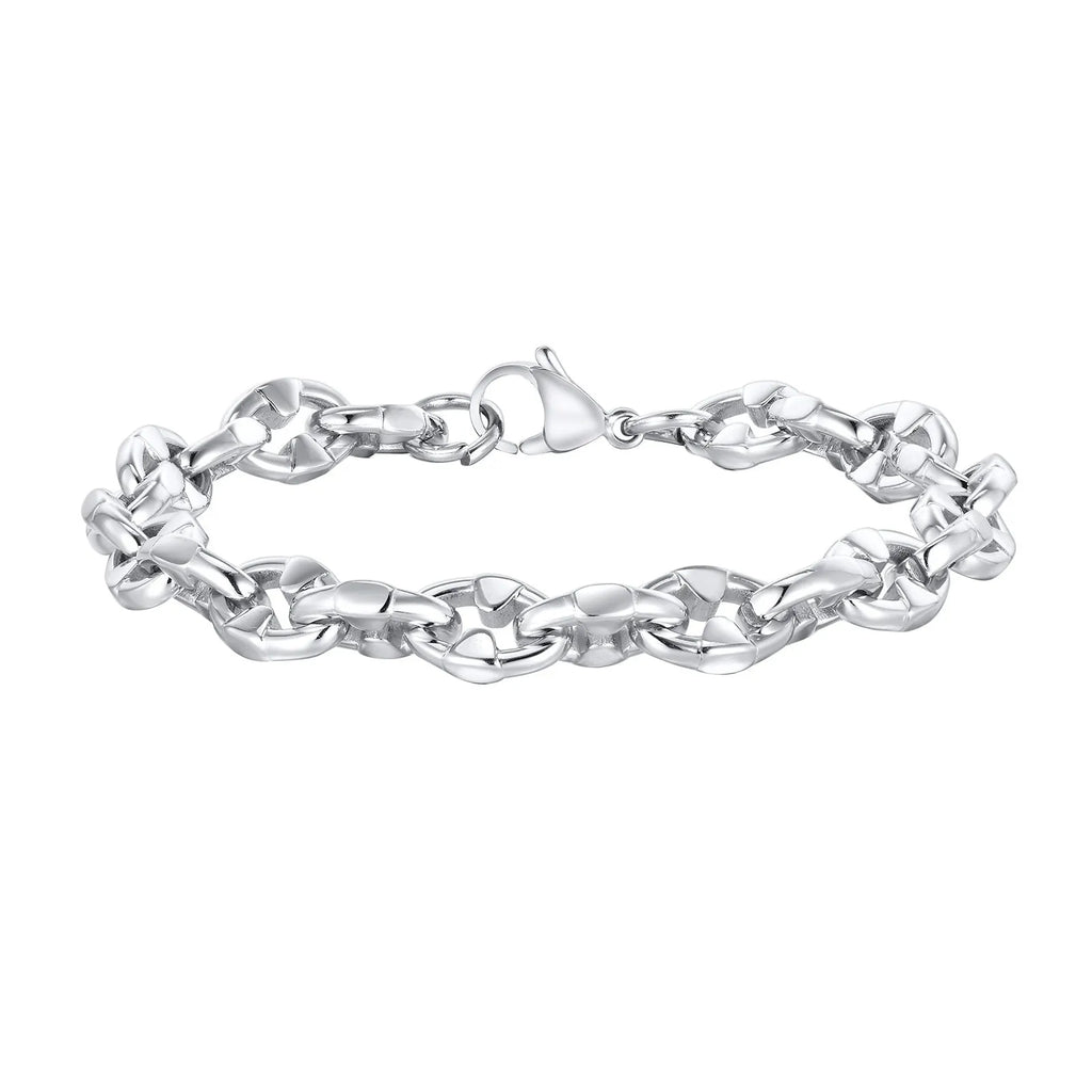 Thick stainless steel geometric chain bracelet for men, shown in steel colour.