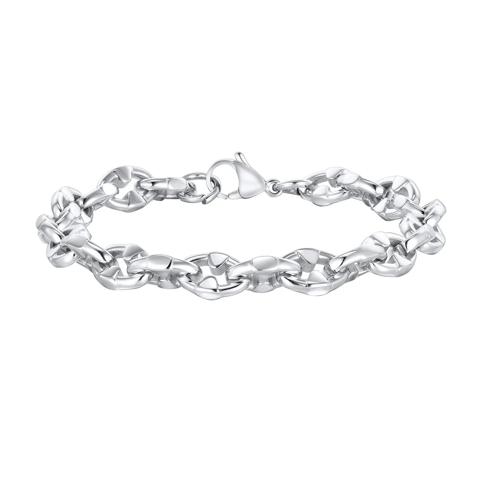 Thick stainless steel geometric chain bracelet for men, shown in steel colour.