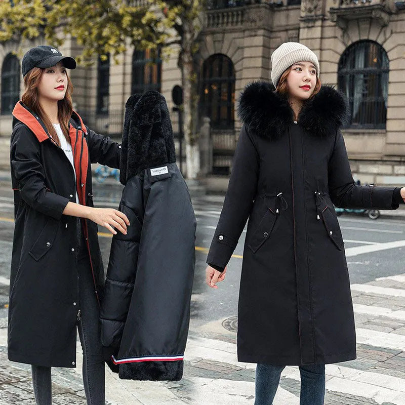 Women's long cotton-padded trench coat in bean green with 100cm length and fleece lining