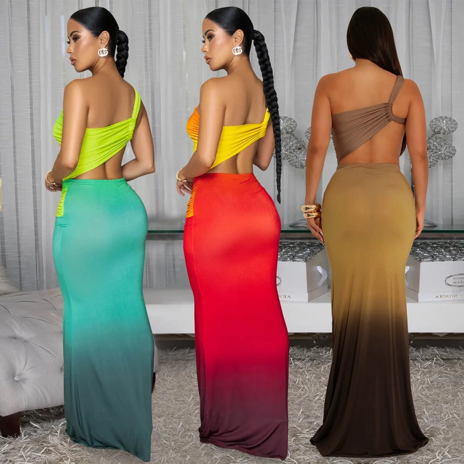 Women's gradient colour oblique shoulder summer dress with high waist and long skirt