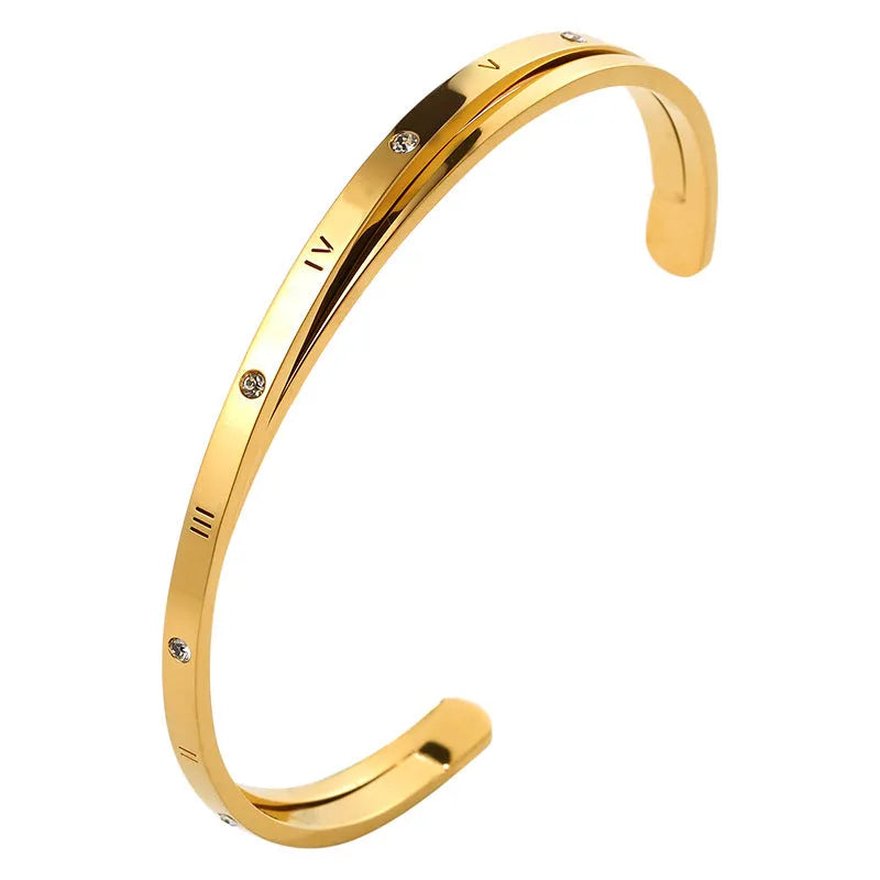 Women's stainless steel open-ended bracelet with zircon detailing in rose gold electroplated finish