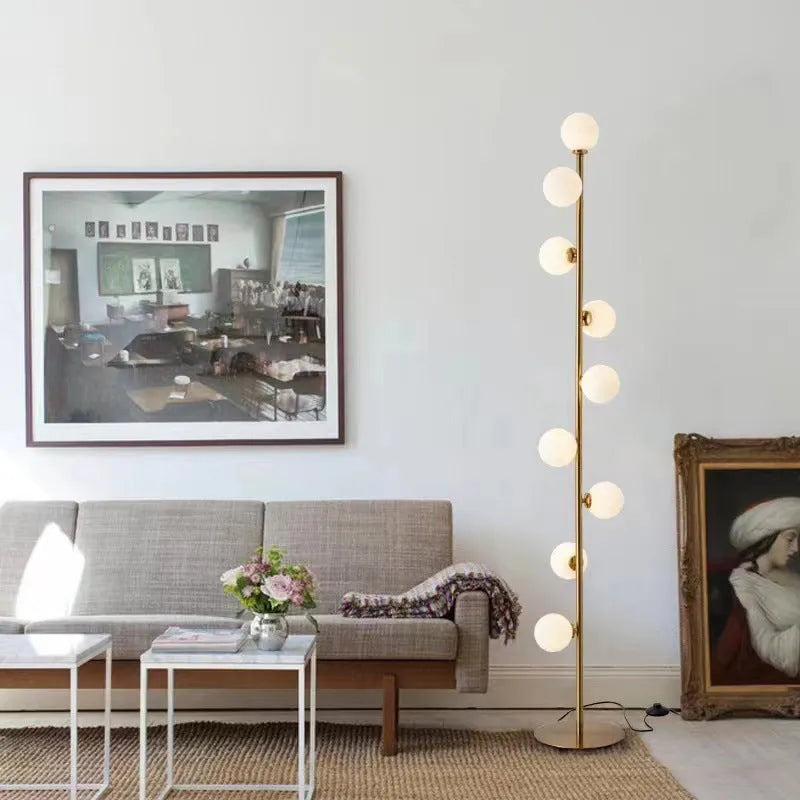Modern minimalist floor lamp with wrought iron and glass design, marble base, 154cm height