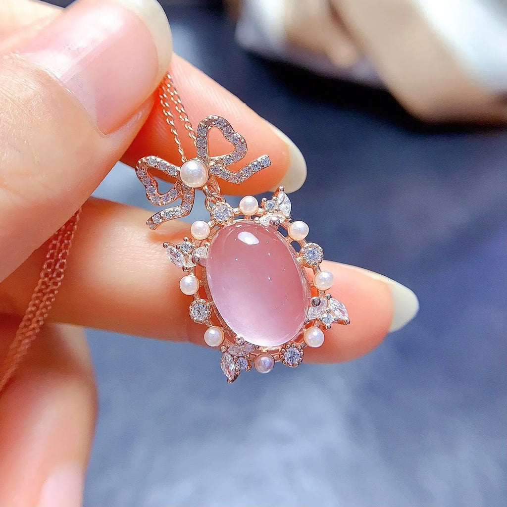 Natural pink rose quartz geometric pendant on sterling silver necklace with rose gold plating