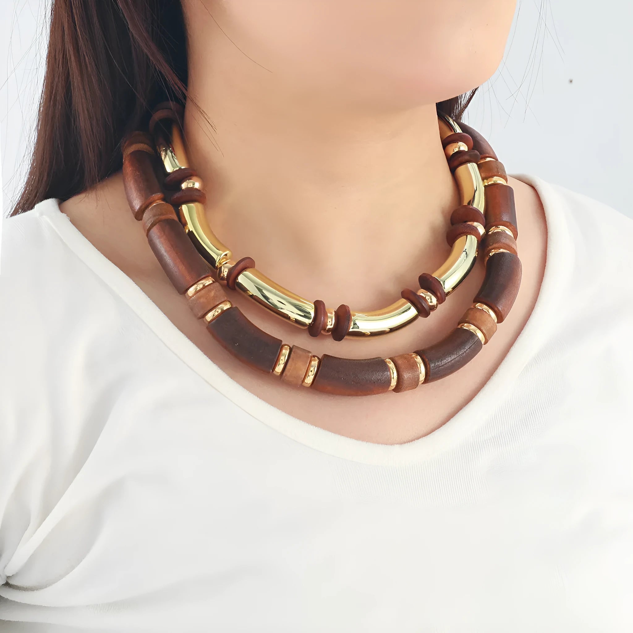 Women's multi-layer wooden necklace and bracelet set with alloy chain and round pendant elements