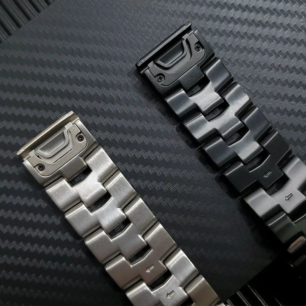 Metallic replacement watch strap for Garmin Fenix and Jiaming watches in silver, black or titanium colour.