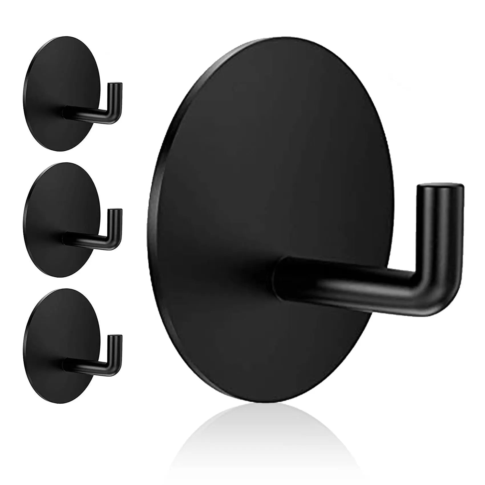 Two stainless steel self-adhesive hooks with black and sanded finishes, suitable for 3kg loads in bathrooms and kitchens