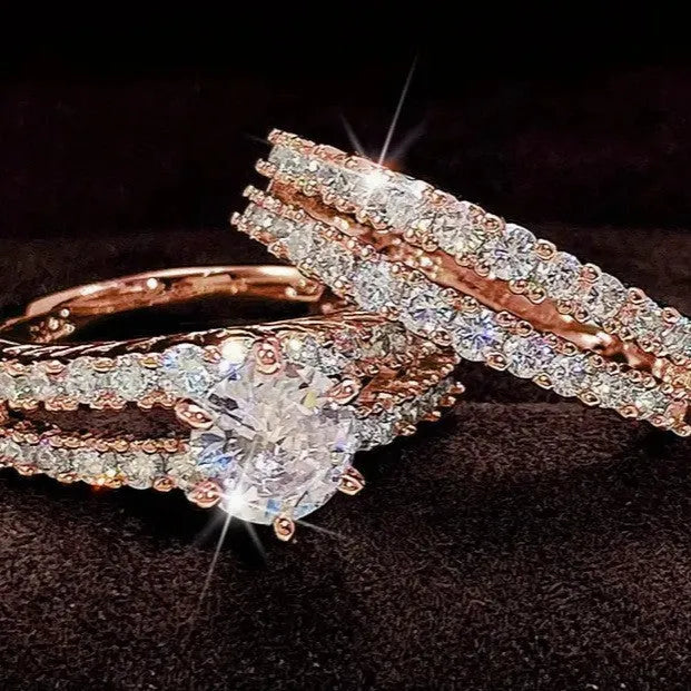 Convertible 2-in-1 alloy female ring set with fully-jewelled geometric design in silver, gold, or rose gold colour