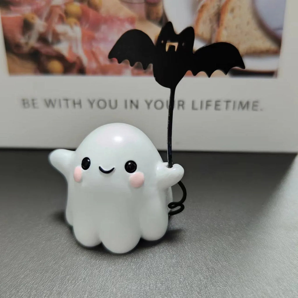 Small resin ghost walking dog Halloween statue in ghost holding bat colour