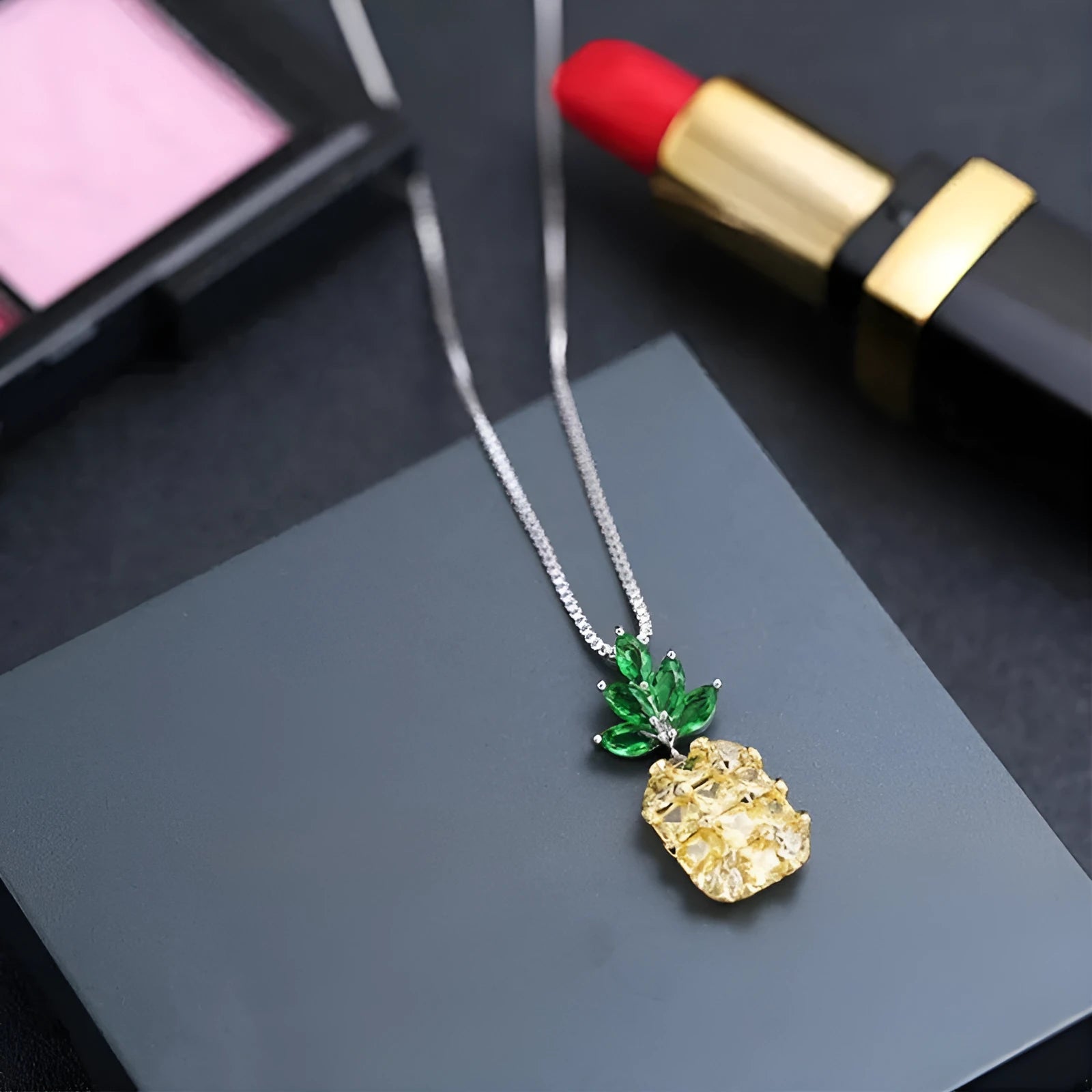 Korean fashion silver plated necklace with geometry pineapple diamond pendant and copper white gold plating