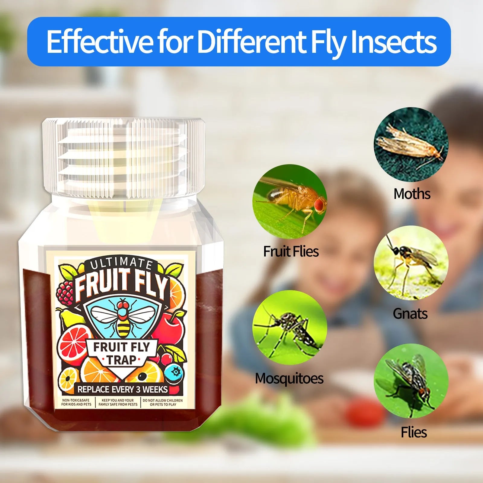 Fruit fly bait liquid bottle with optional funnel for kitchen fly traps