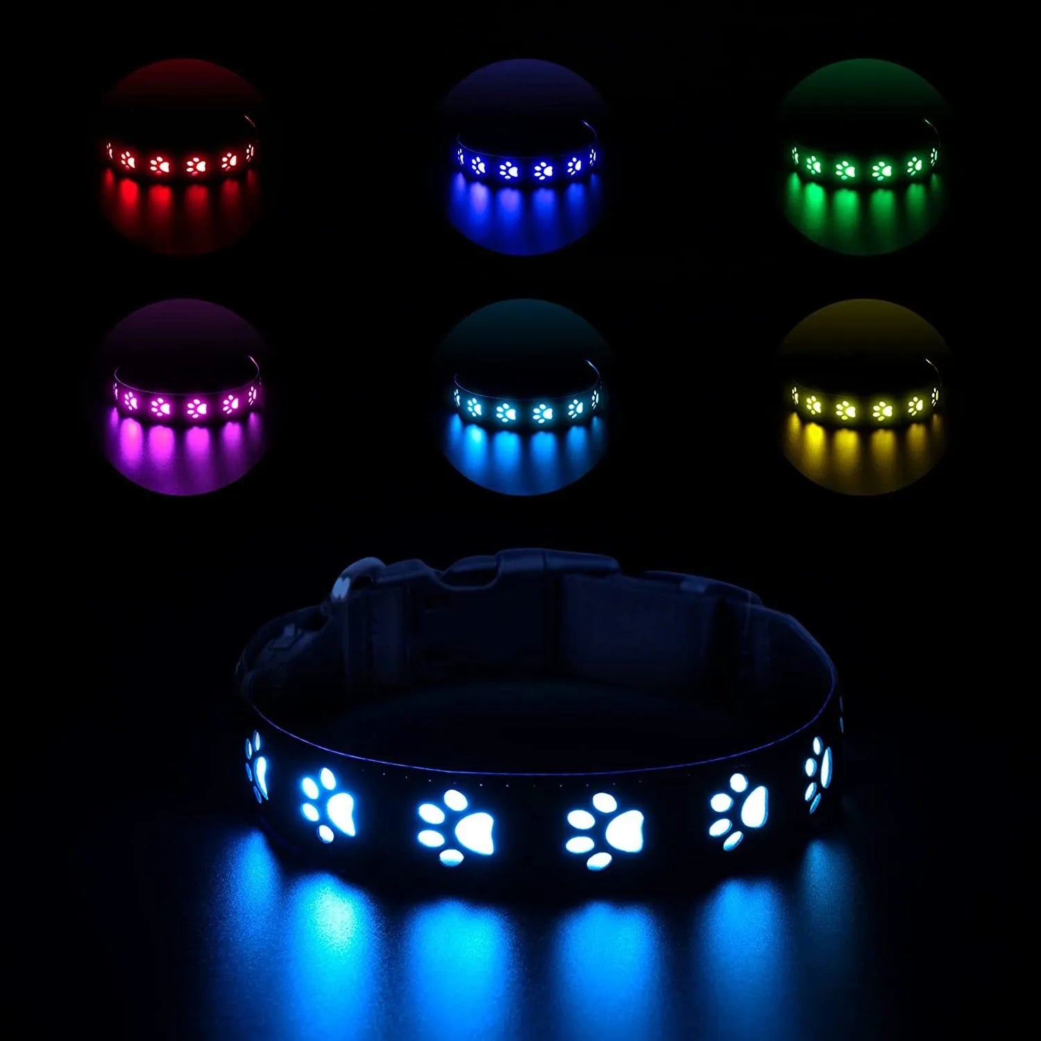 LED luminous dog collar with paw printing and 7 colour modes on adjustable polyester band