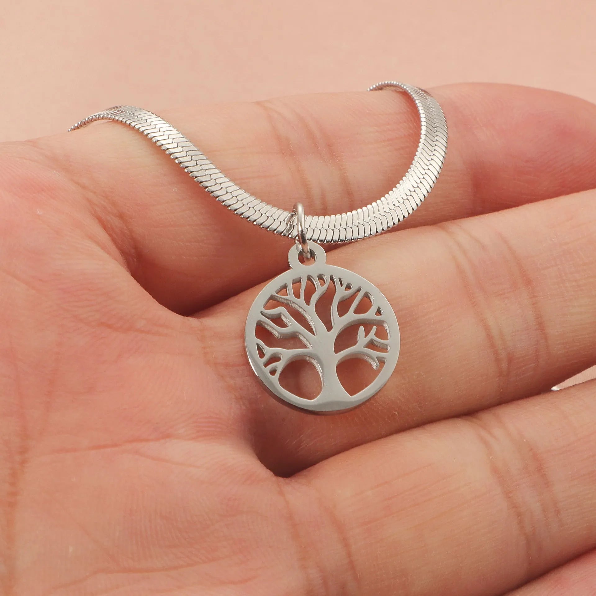 Stainless steel necklace with tree pendant on snake bones chain in gold or steel colour