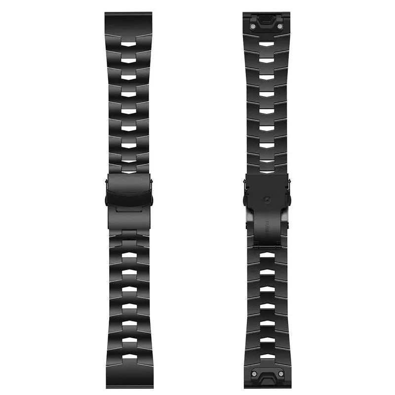 Metallic replacement watch strap for Garmin Fenix and Jiaming watches in silver, black or titanium colour.