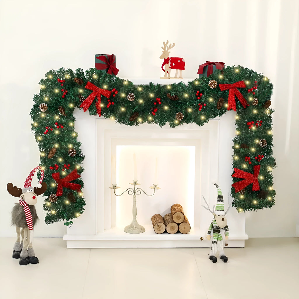 European style Christmas rattan decoration with pine cone bow design, available with coloured or warm white lighting options