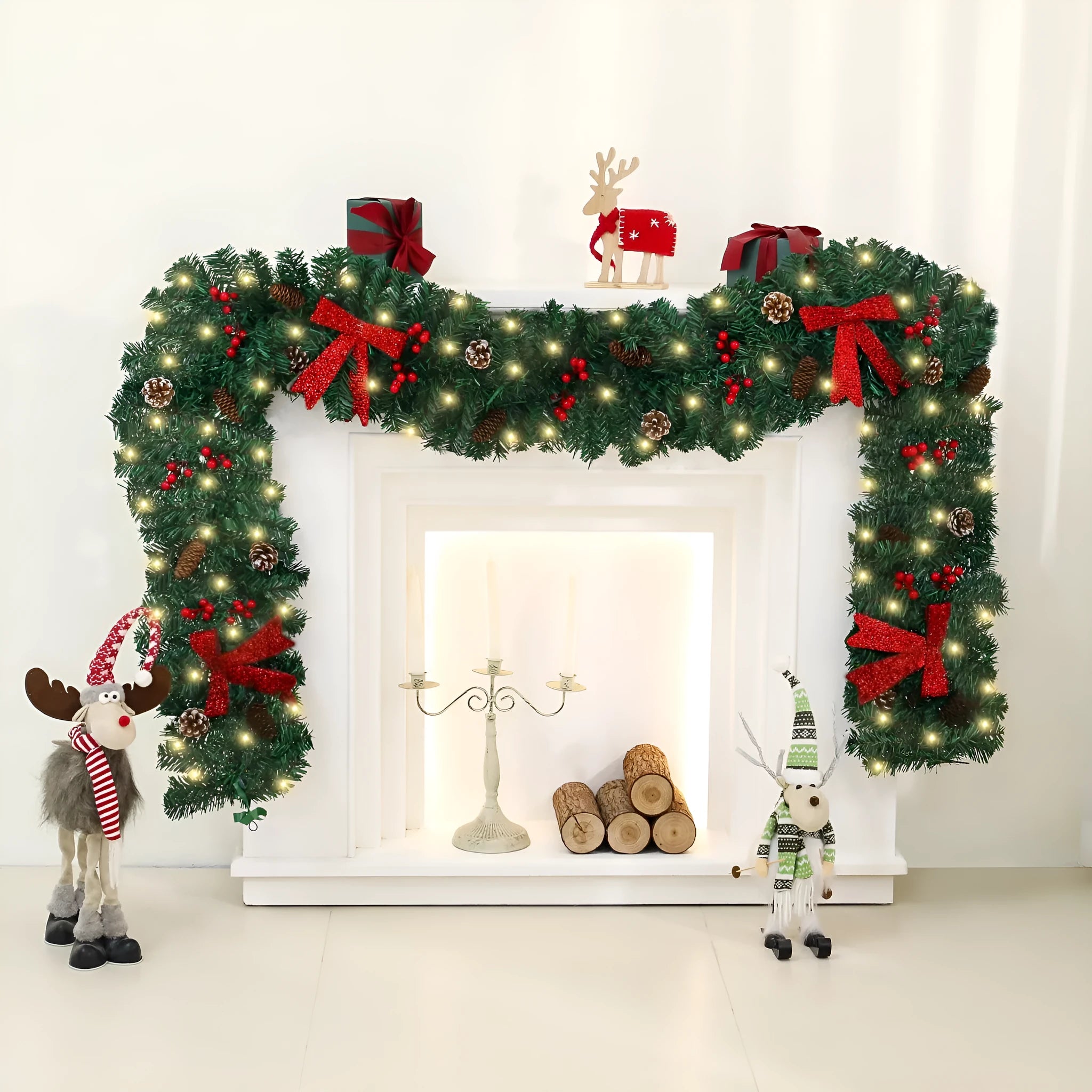 European style Christmas rattan decoration with pine cone bow design, available with coloured or warm white lighting options