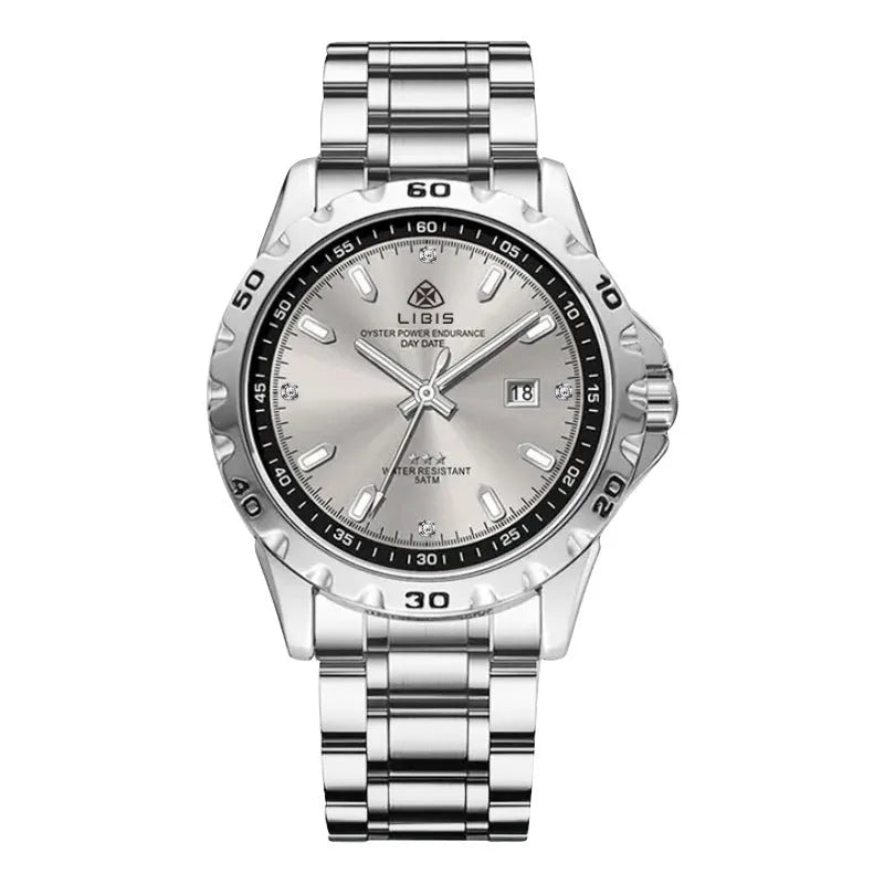 Men's silver watch with stainless steel strap and luminous hands on black dial