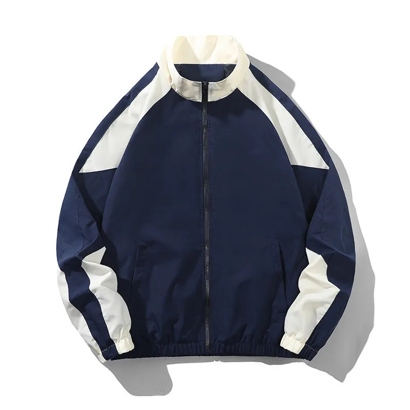 Men's black polyester casual jacket with contrast stitching detail and side seam pockets