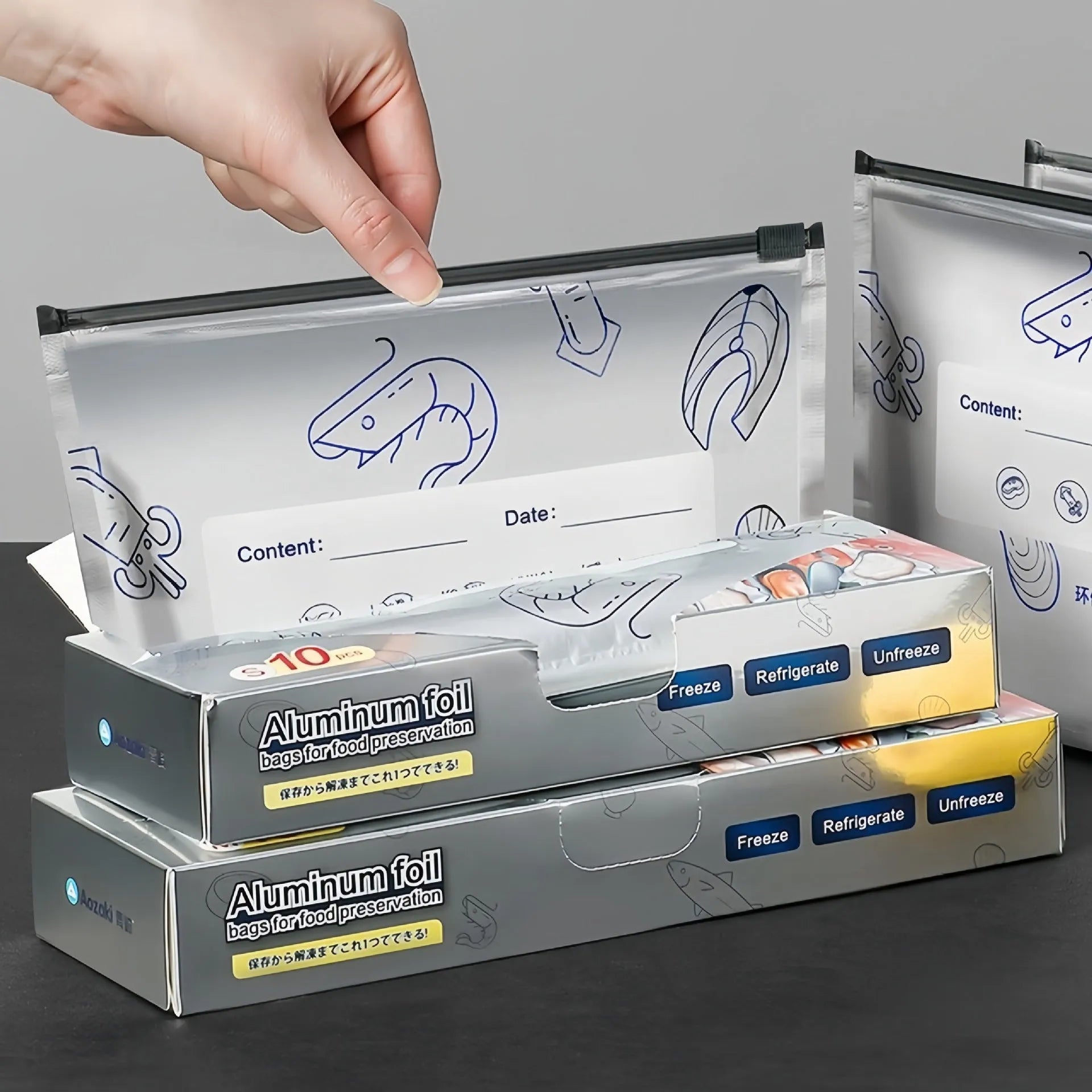 Aluminium foil resealable storage bags in three sizes with zip lock closure