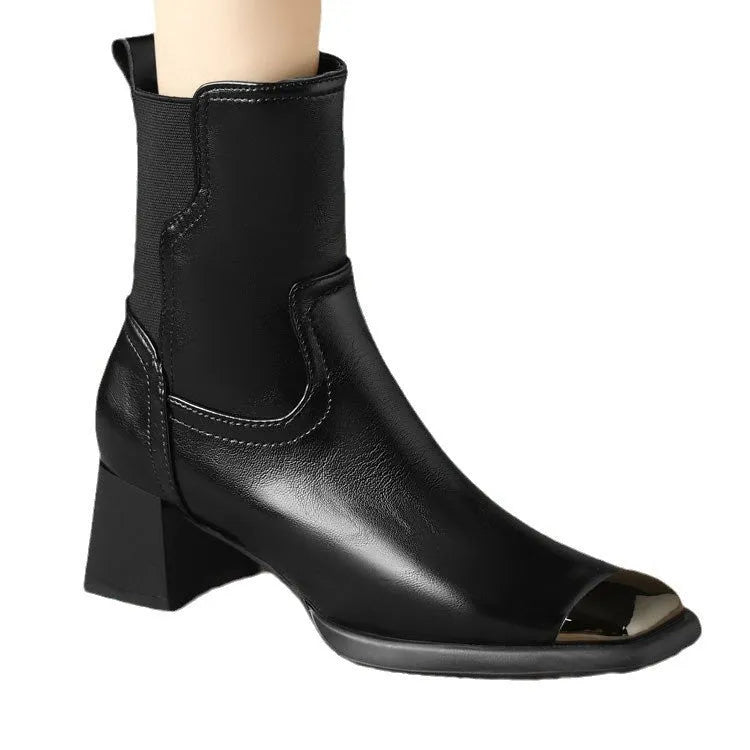 Brown women's high-heel Martin boots with a side zipper and cowhide leather upper.