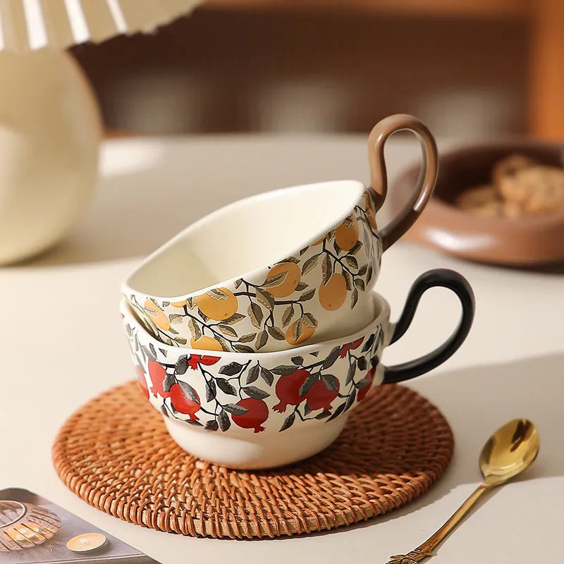 Antique style ceramic coffee cup and saucer set in black or orange medieval design, 210ml capacity.