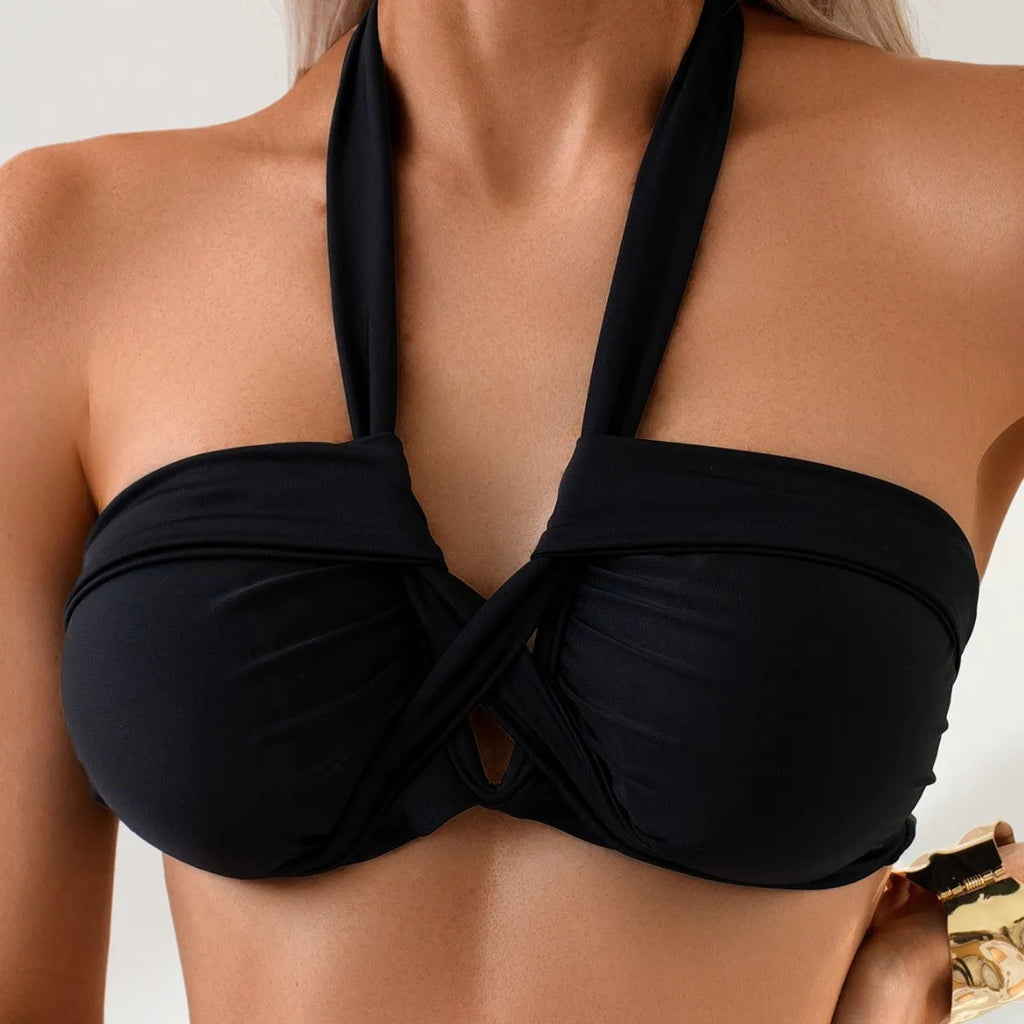 Black women's bikini swimming suit with backless design for water sports