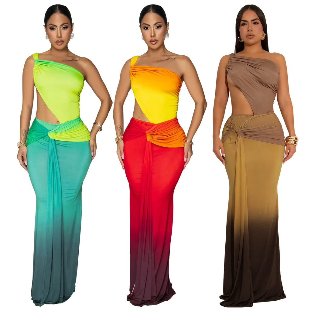 Women's gradient colour oblique shoulder summer dress with high waist and long skirt