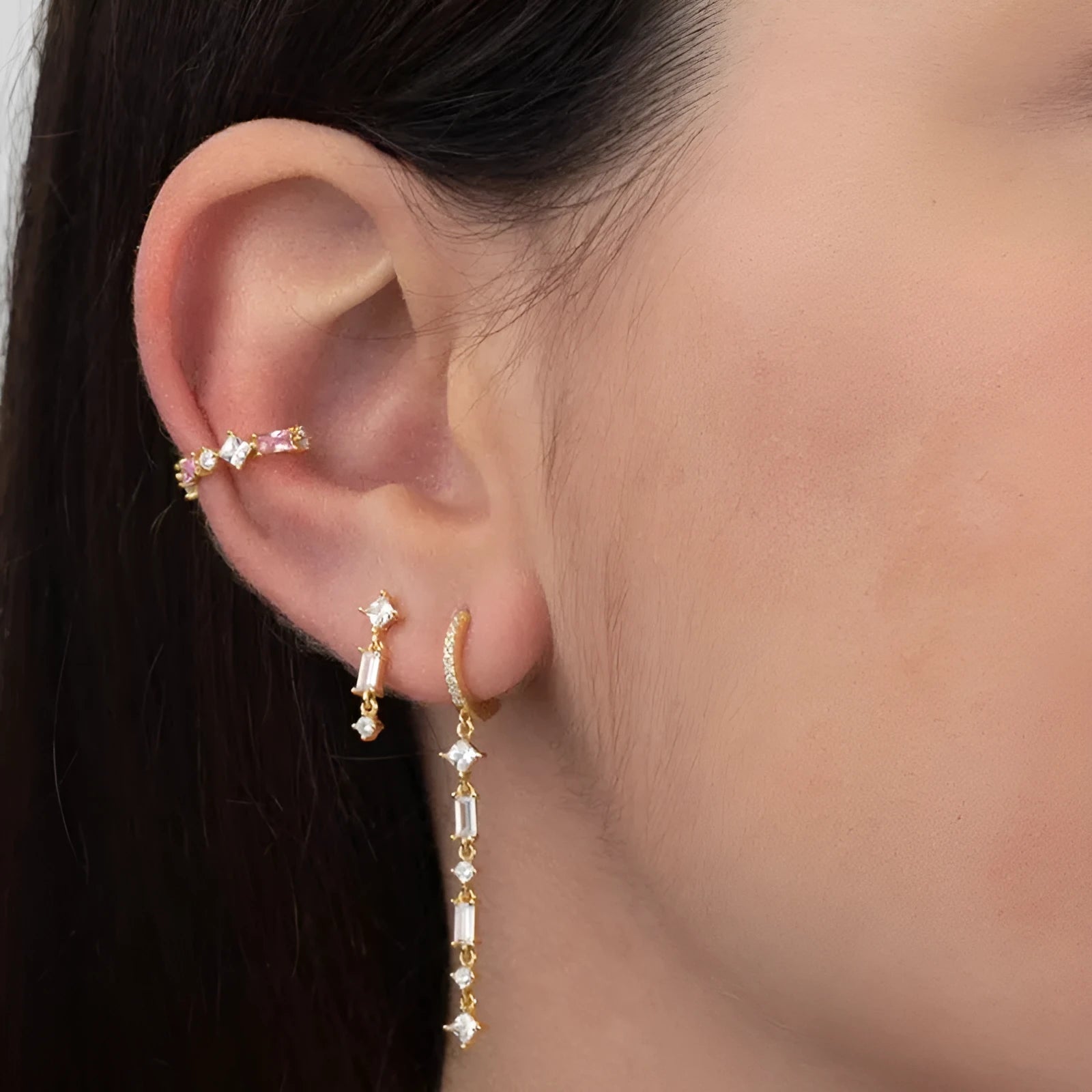 Sterling silver needle micro-inlaid colourful zircon geometric U-shaped tassel ear clips