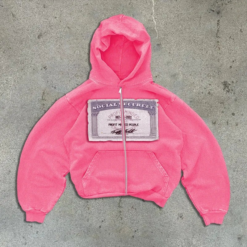 Unisex loose fit black hooded jacket with white letter print and zip pockets
