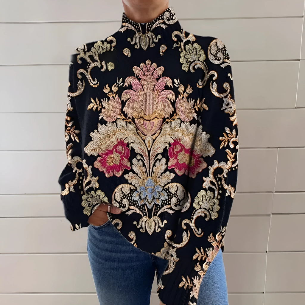 Black turtleneck sweater with 3D pattern print in loose Japanese Korean casual style