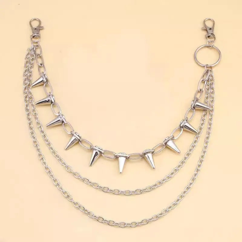 Silver punk rivet metal trousers chain measuring 115cm length with double-layer construction