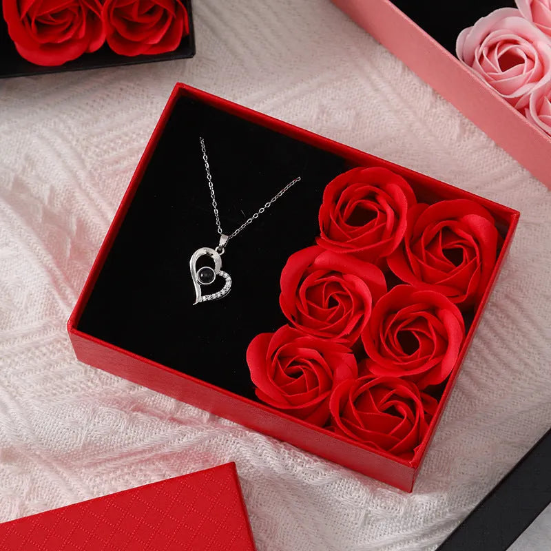 Red soap flower gift box set with six flowers, handbag, and Korean style design.