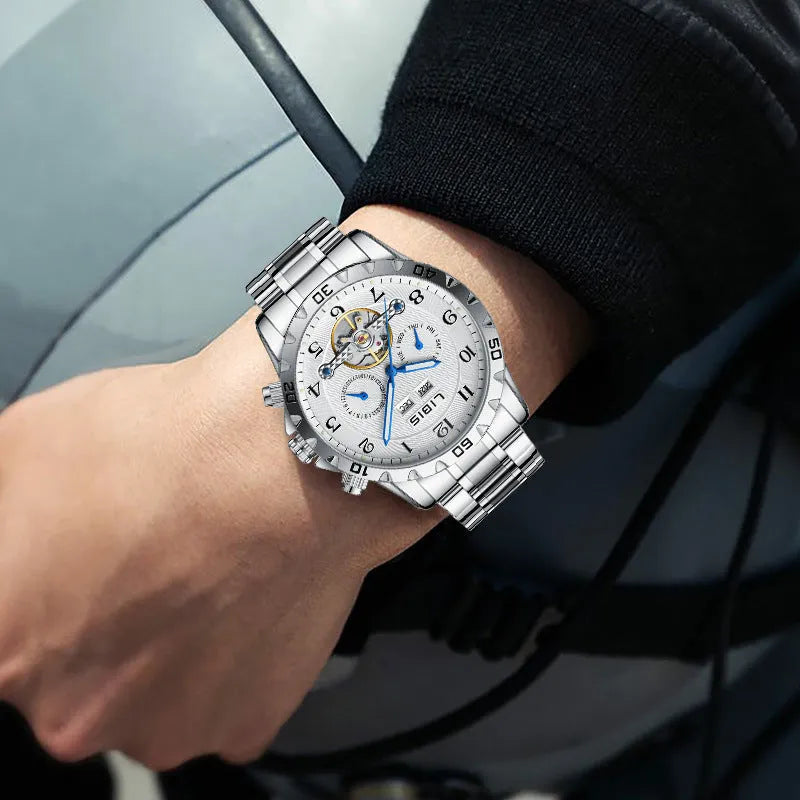 Men's silver automatic perpetual calendar mechanical watch with stainless steel bracelet and sapphire crystal