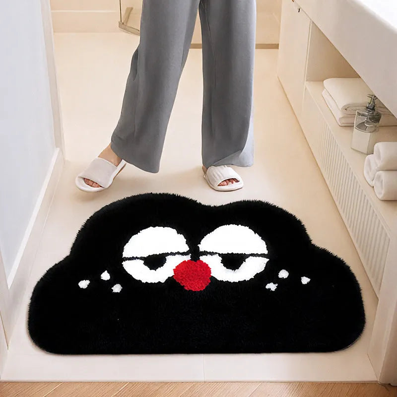 Cartoon printed bathroom mat in cashmere-like polyester fabric showing colour and size options