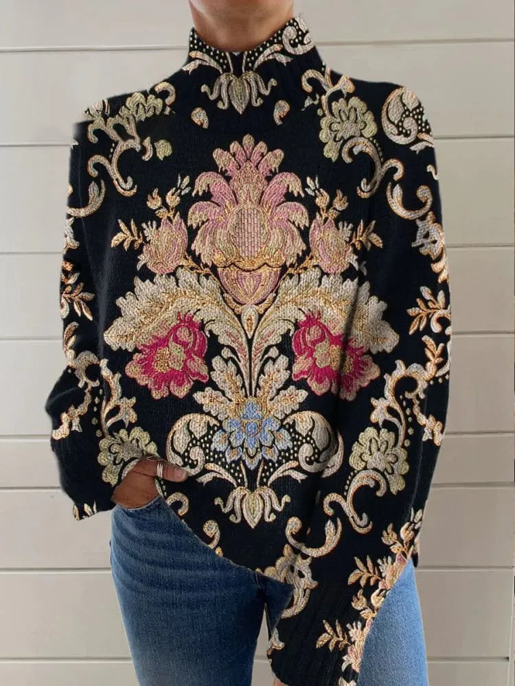 Black turtleneck sweater with 3D pattern print in loose Japanese Korean casual style