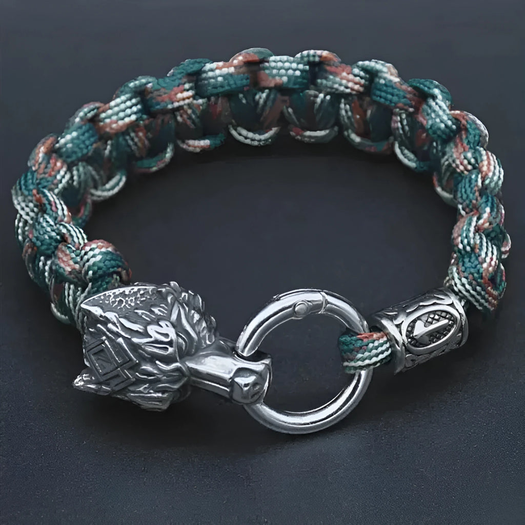 Polished stainless steel wolf head bracelet in camouflage colour showing animal modelling detail
