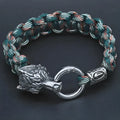 Polished stainless steel wolf head bracelet in camouflage colour showing animal modelling detail