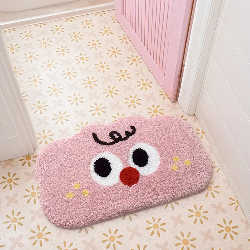Cartoon printed bathroom mat in cashmere-like polyester fabric showing colour and size options