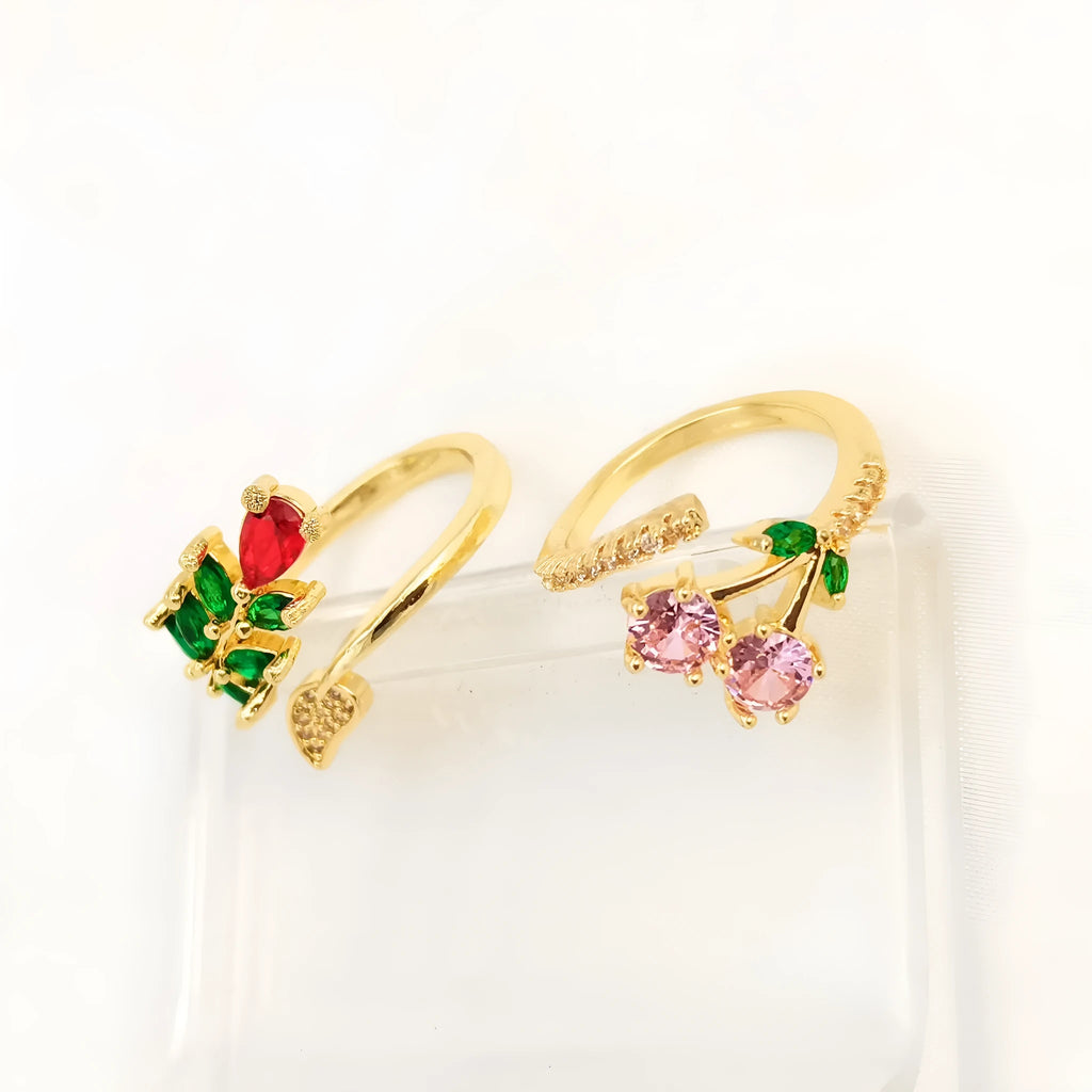 Copper geometric open ring with gold-toned zircon leaf design for women in two colour options