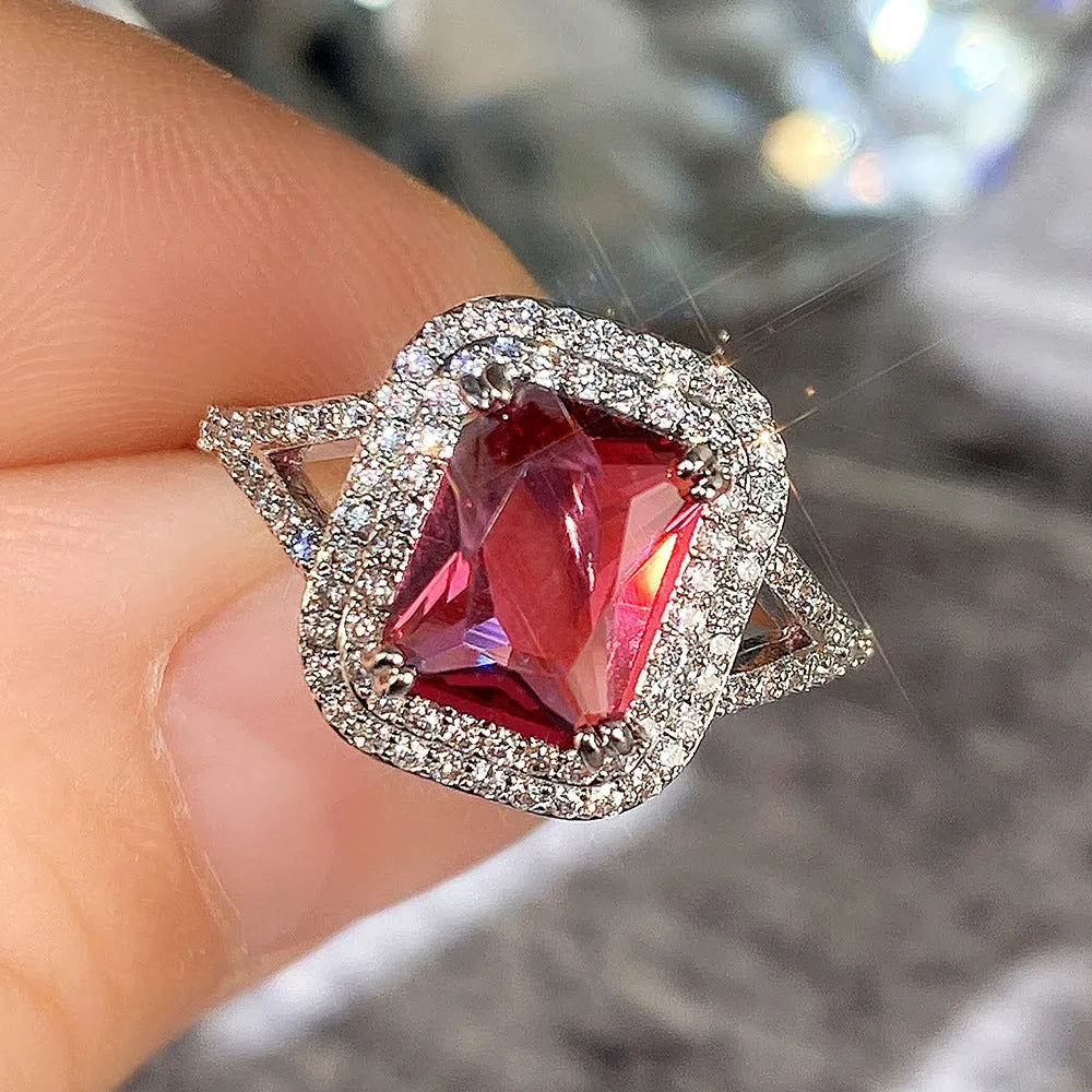 Copper square princess ring with red rhinestones in geometric style for women sizes 6 to 10