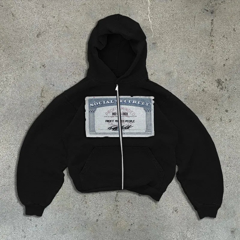 Unisex loose fit black hooded jacket with white letter print and zip pockets