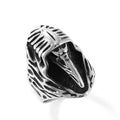 Black geometric crow ring in titanium steel with five sizing options