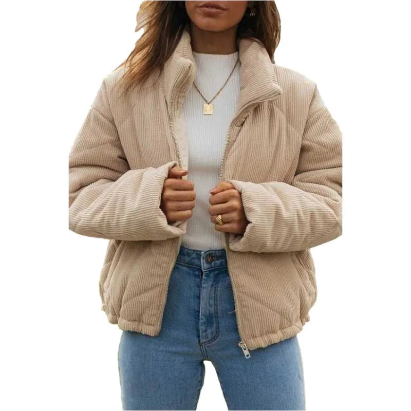 Apricot women's corduroy jacket with stand collar and front zipper