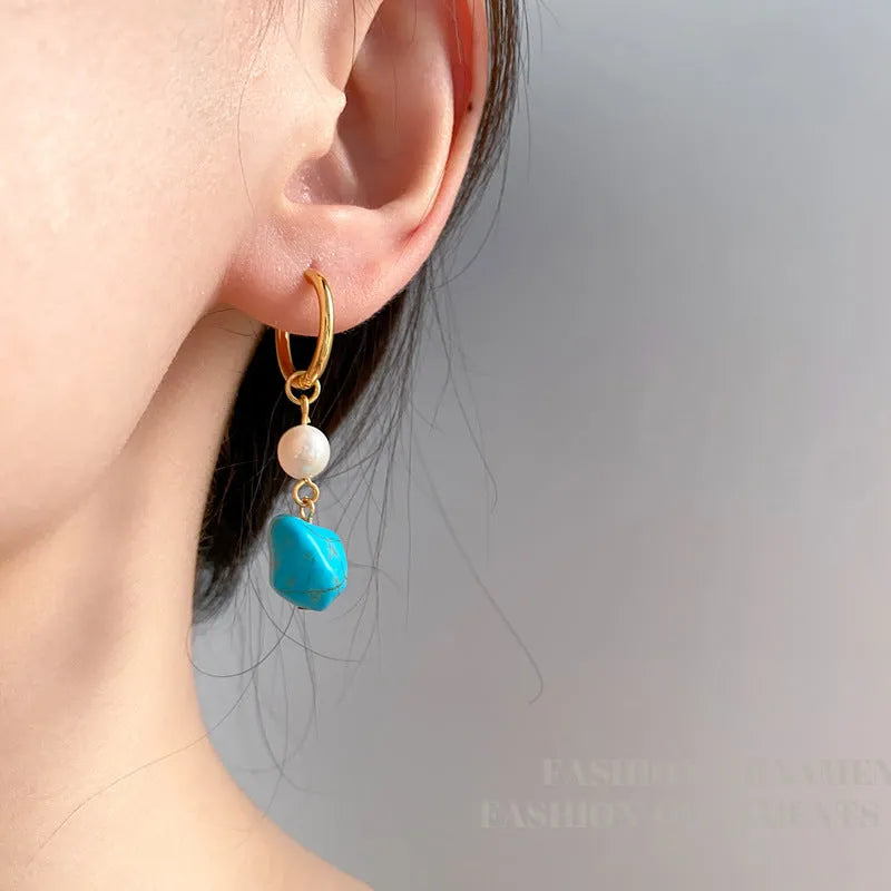 Turquoise geometric copper ear clip earring with irregular cultured pearls in short and long dangle styles
