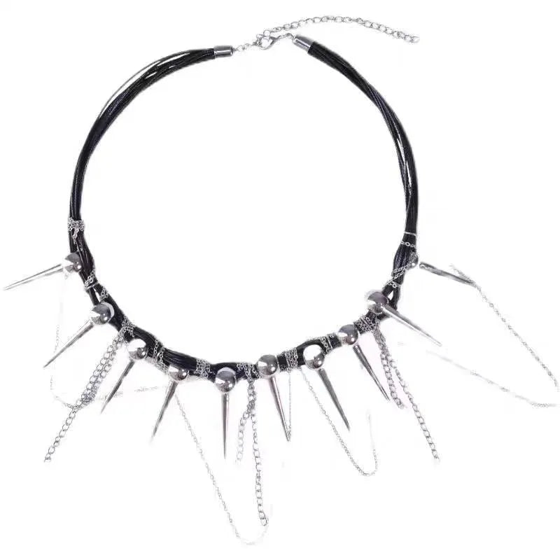 Women's casual leather necklace with electroplated round beads, a winding tassel, and point rivet details.